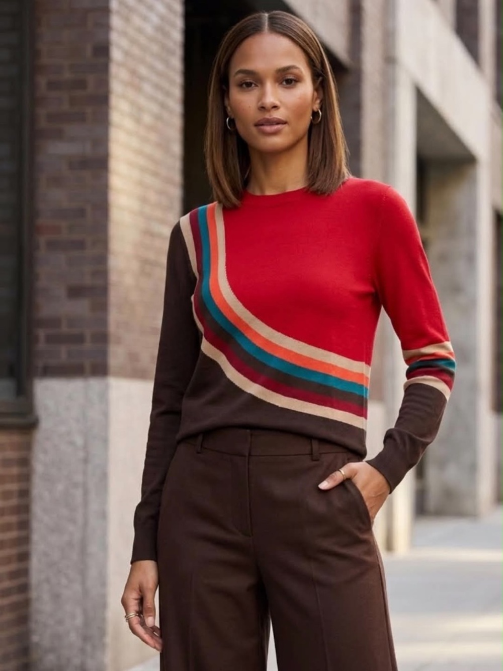 Trina Turk Rowan Colorblock Crewneck Sweater 100% Merino Wool Red Brown XS